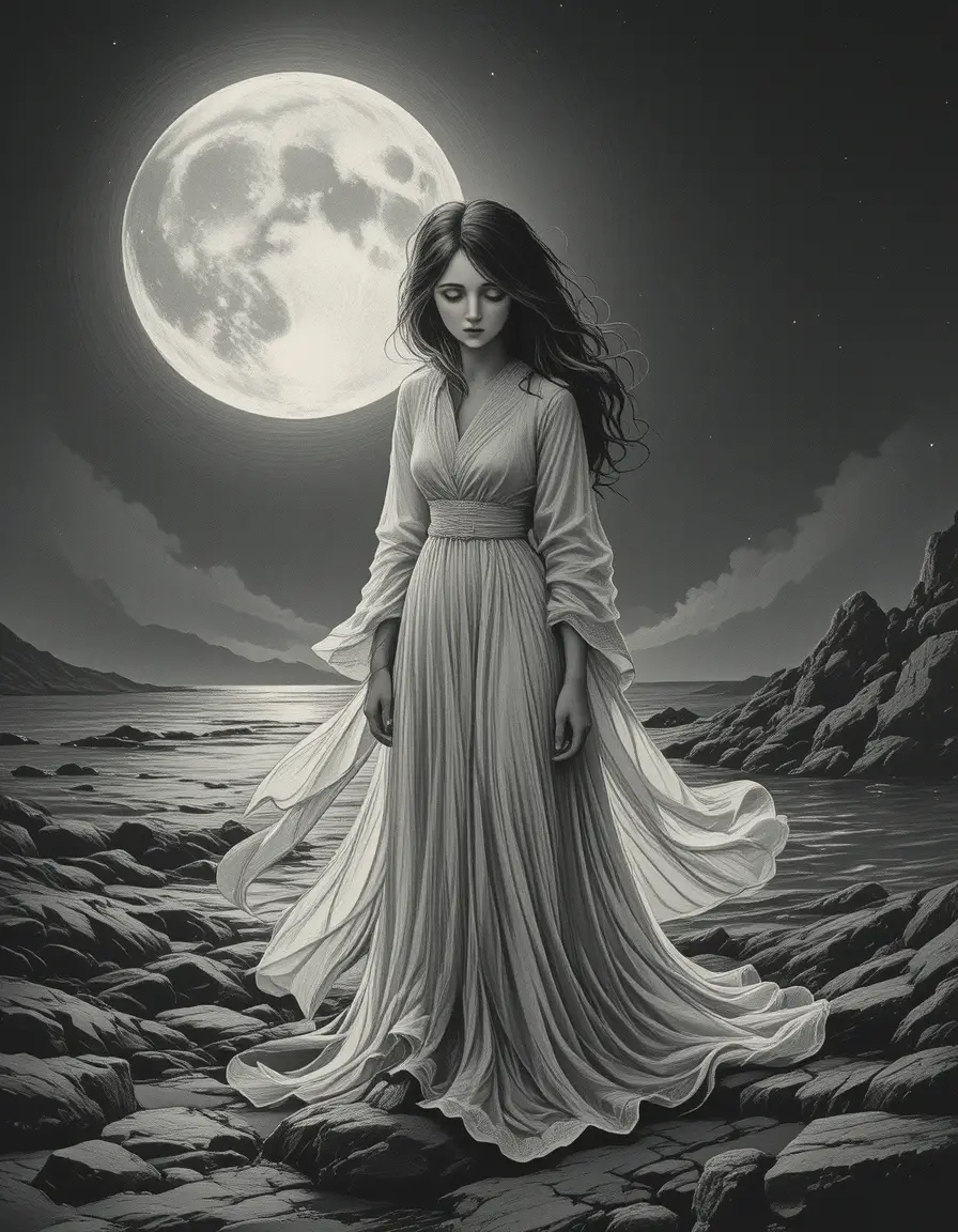 Donna in Bianco su Costa Rocciosa al Chiar di Luna in Stile Incisione