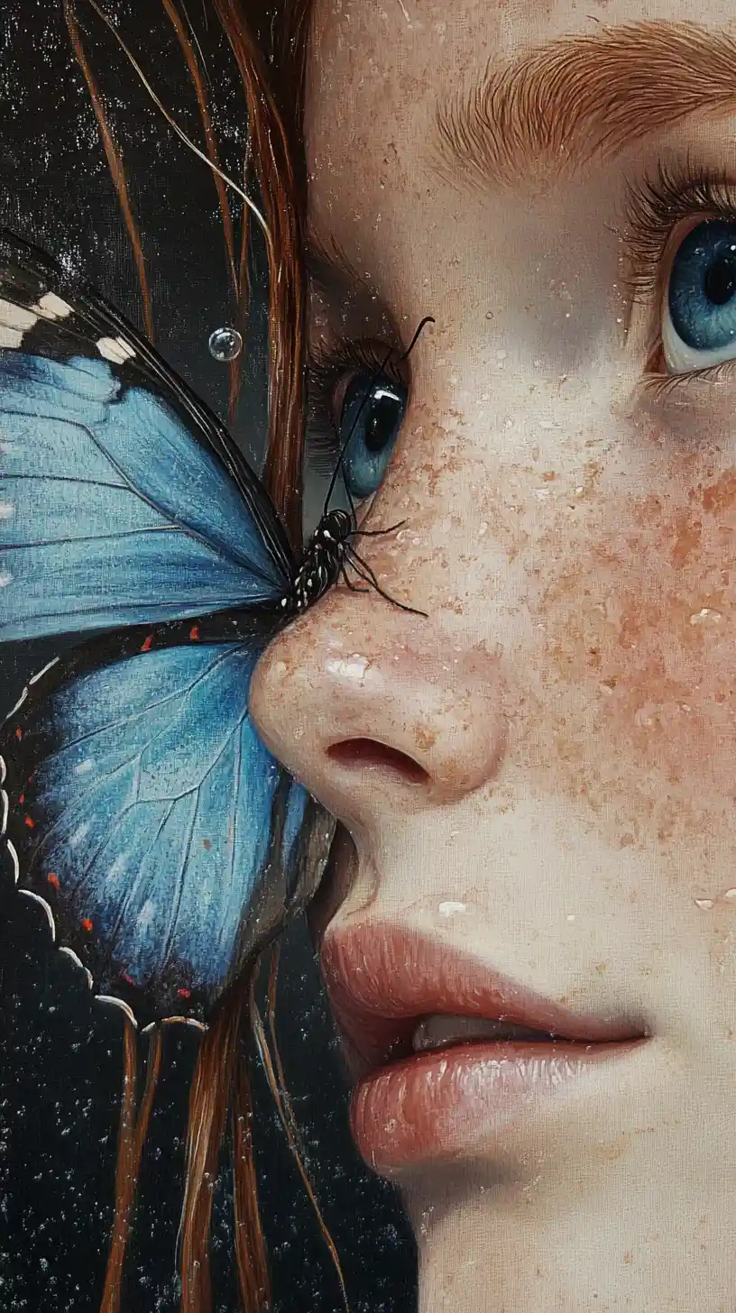 Primo piano di ragazza con farfalla blu posata sul naso