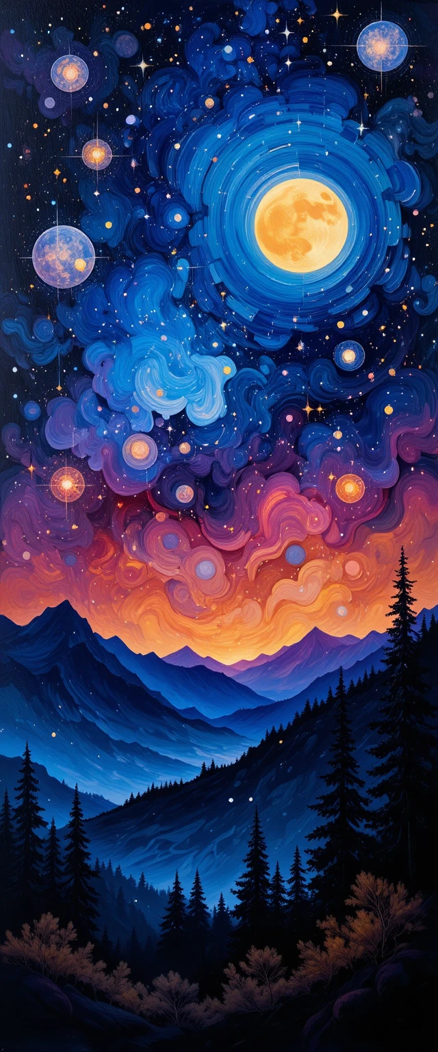 Cielo nocturno estrellado y vívido sobre montañas y árboles en silueta