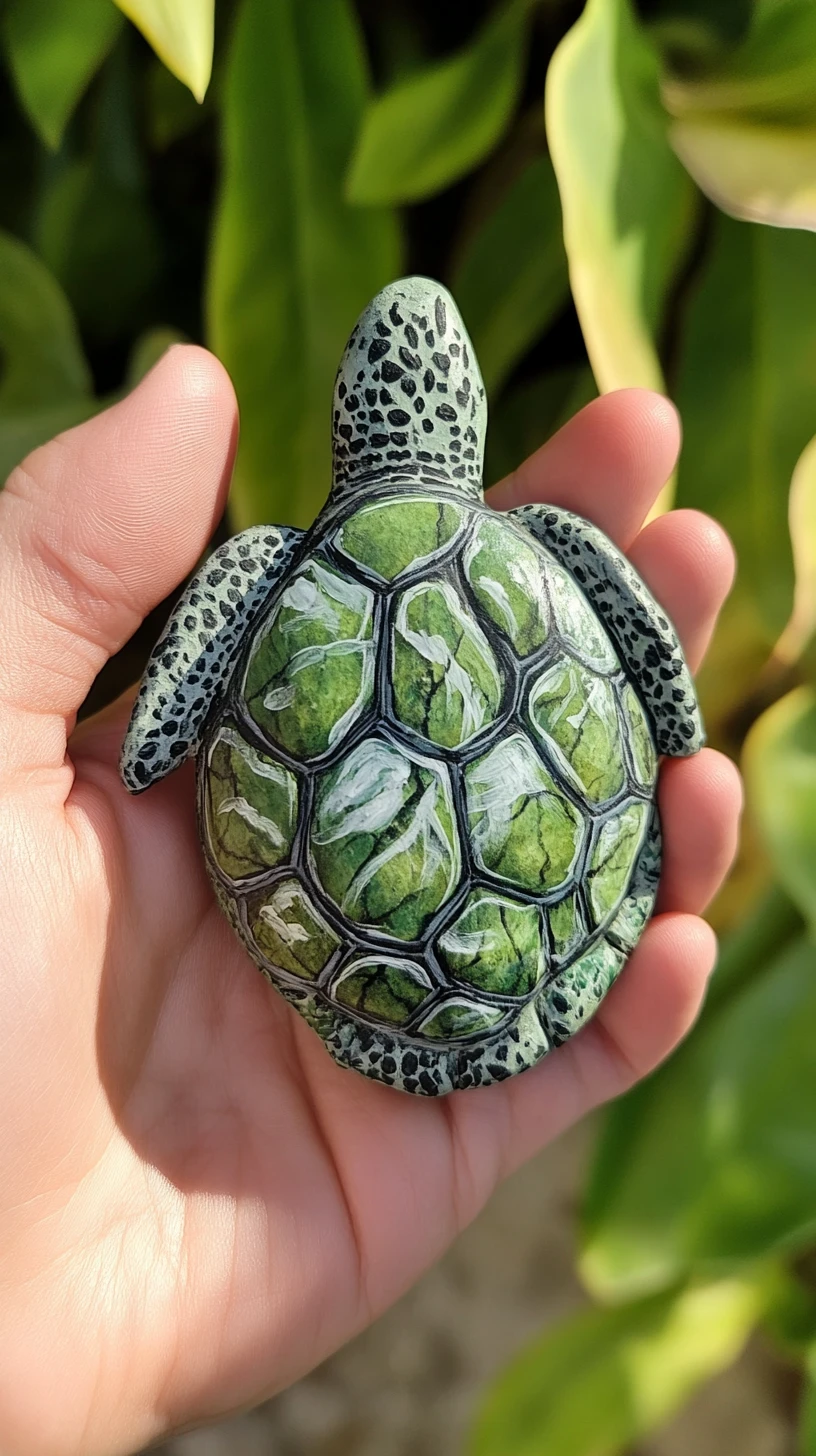 Primer plano de una mano sosteniendo una piedra de tortuga pintada