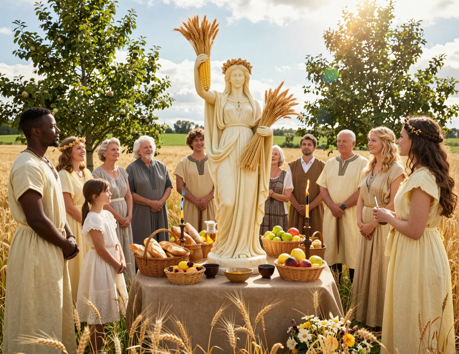 Multitud multicultural que honra una estatua de la diosa del trigo a la luz del sol