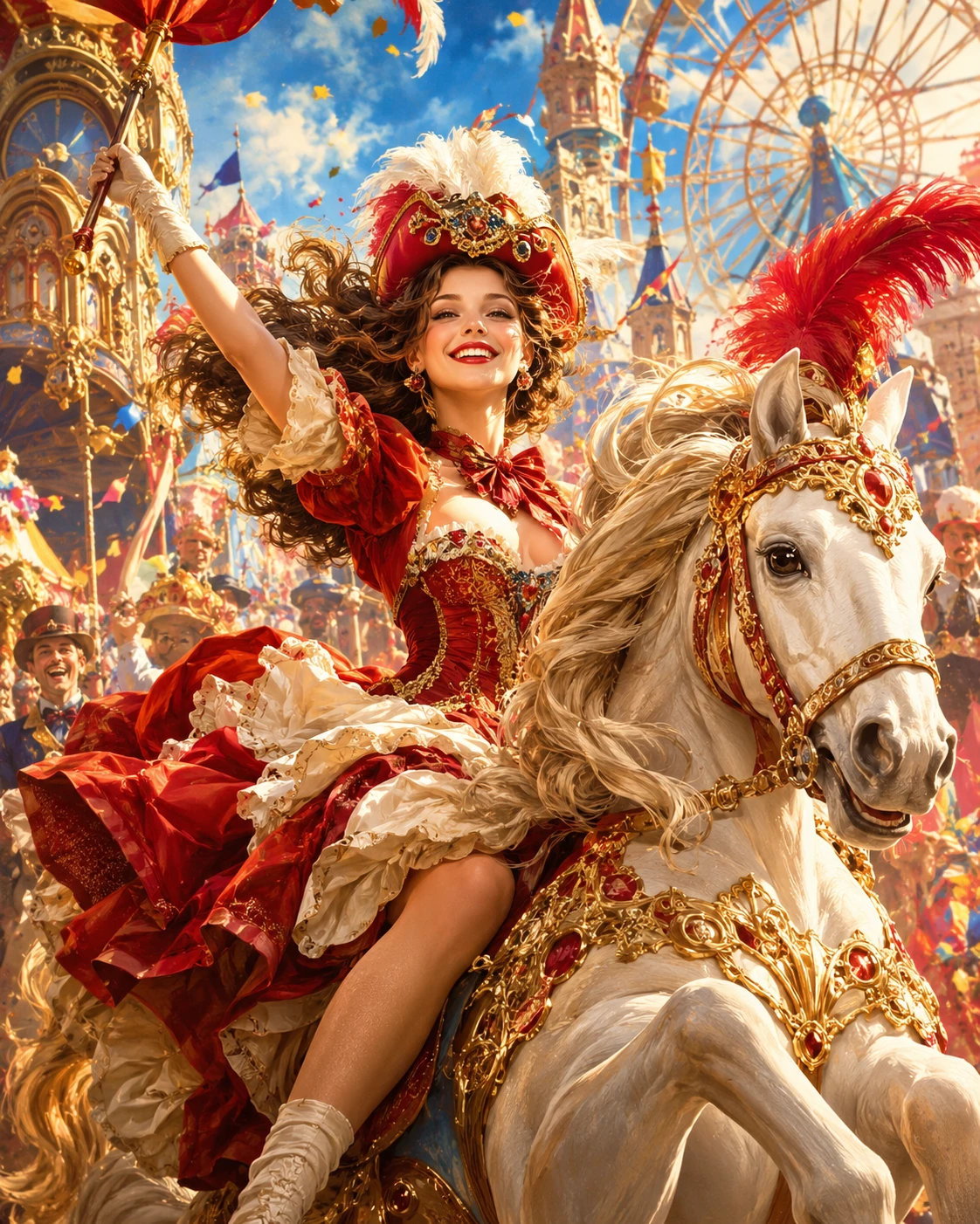 Joyful fantasy carnival performer in vibrant poster style
