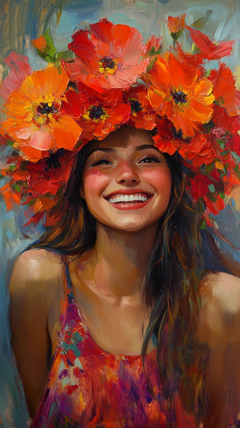 Retrato de niña sonriente con corona de flores rojas y naranjas