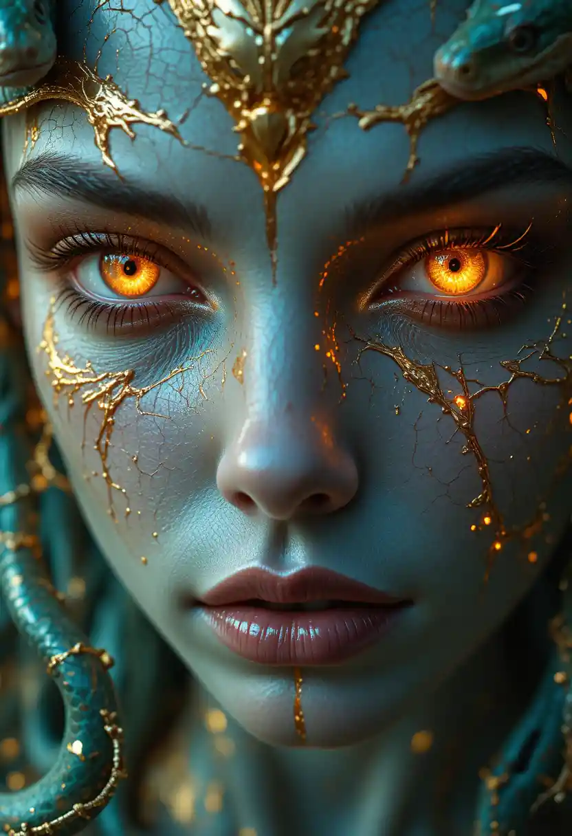 Medusa inspired woman with glowing reptilian eyes and snakes