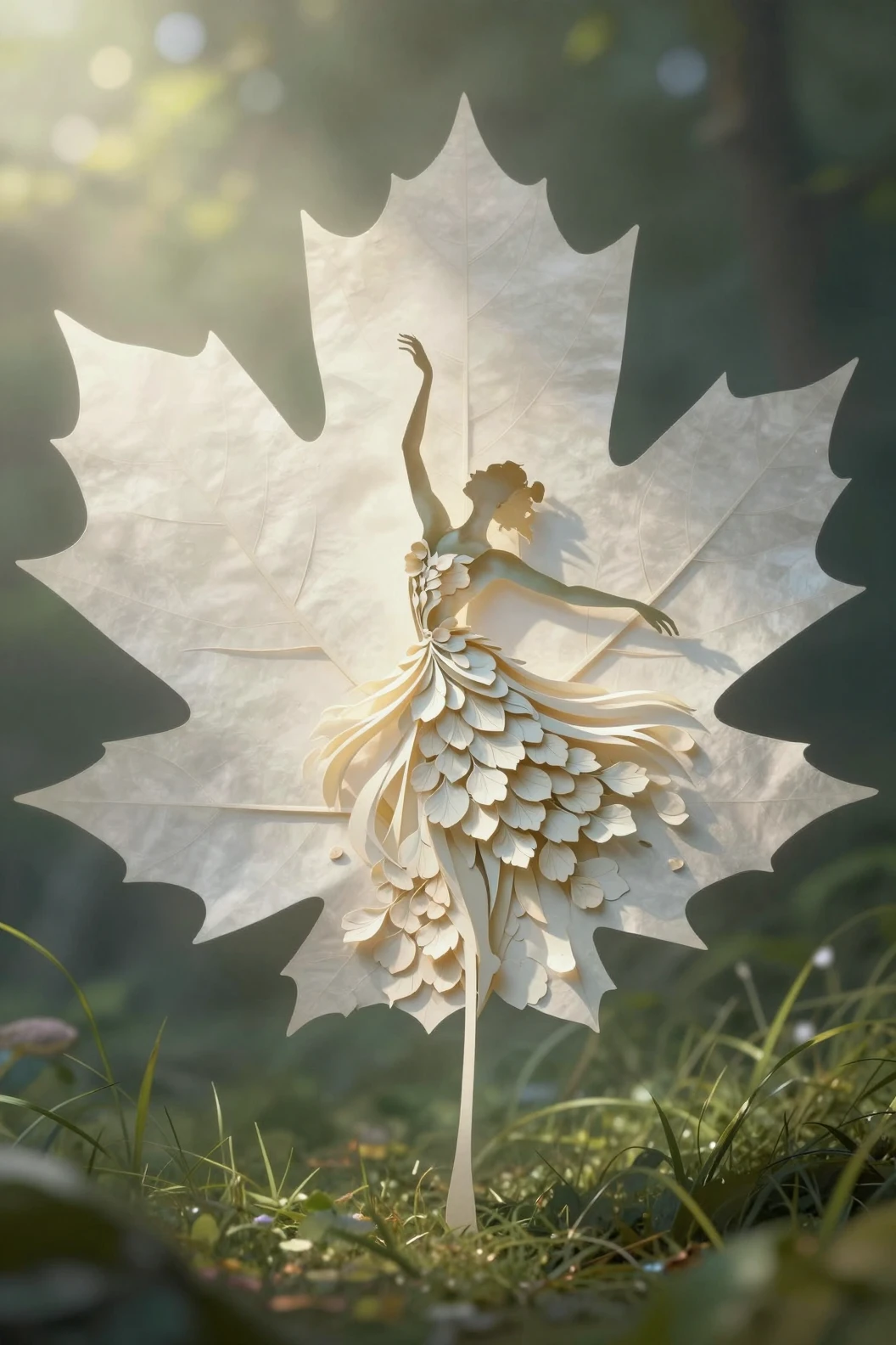Intrincada escultura de hoja de arce en papel con silueta de bailarina