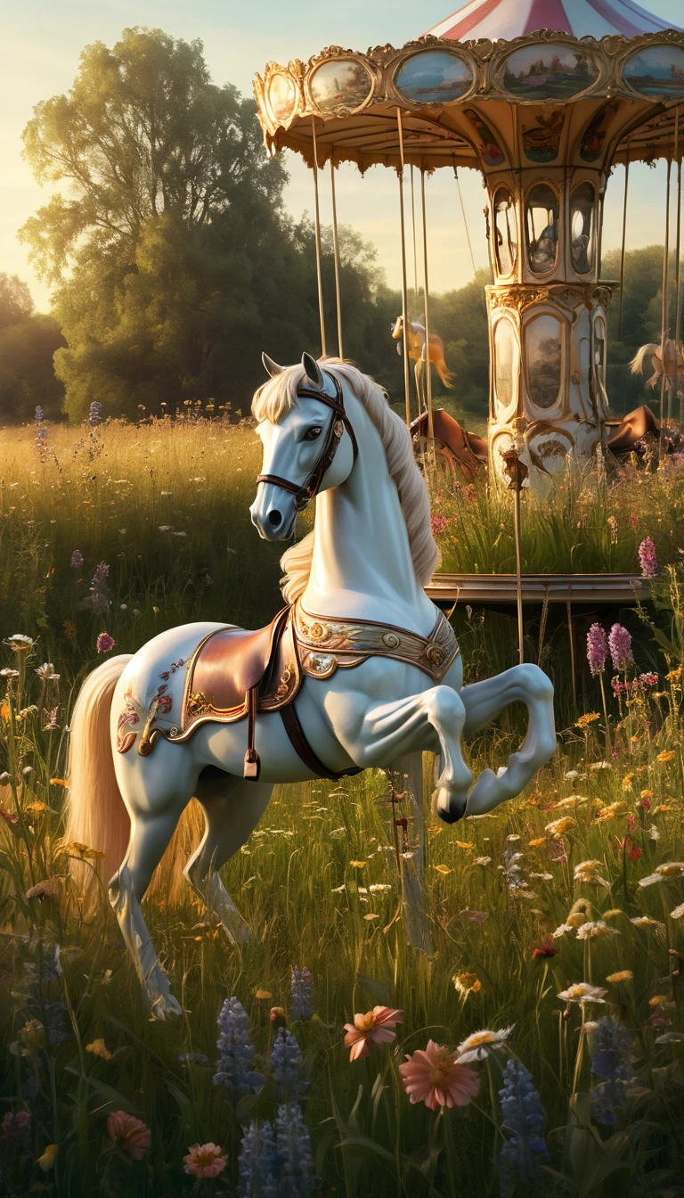 Lone carousel horse in a sunlit meadow at dusk