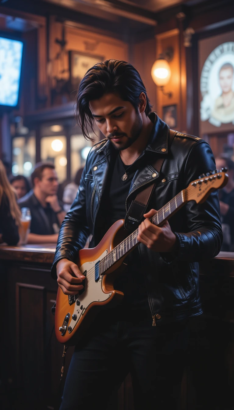 Guitarrista concentrado con cuero negro tocando en un bar