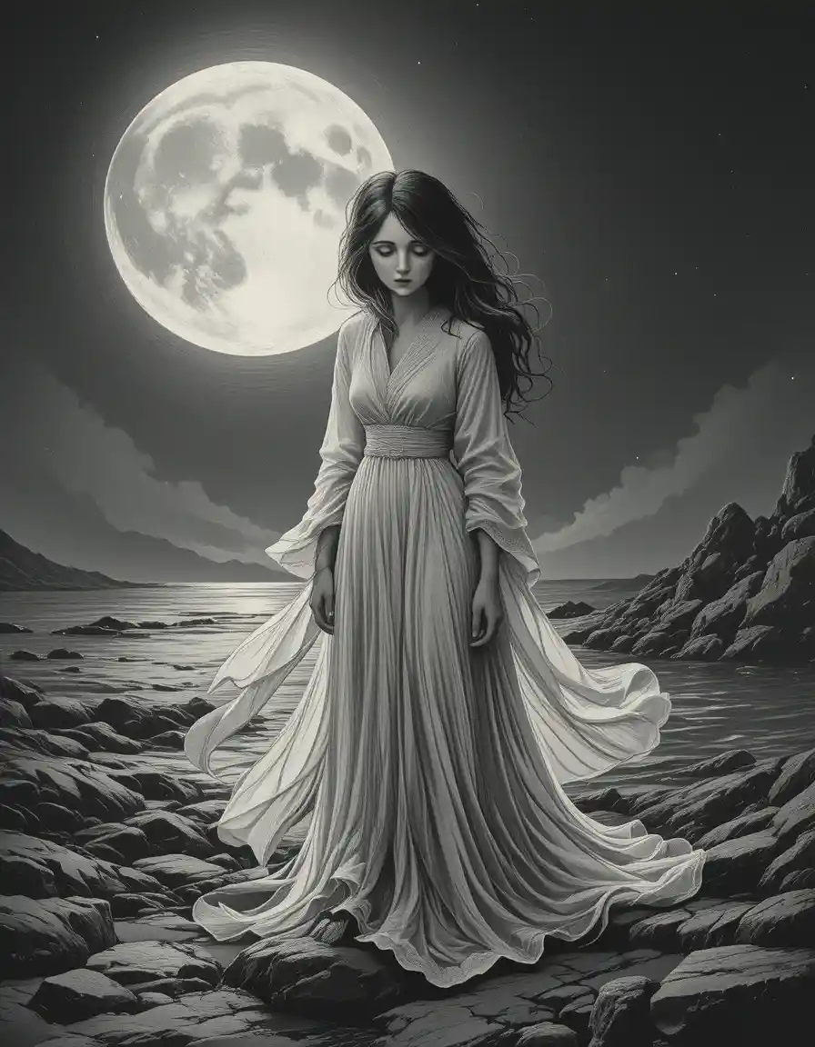 Donna in Bianco su Costa Rocciosa al Chiar di Luna in Stile Incisione