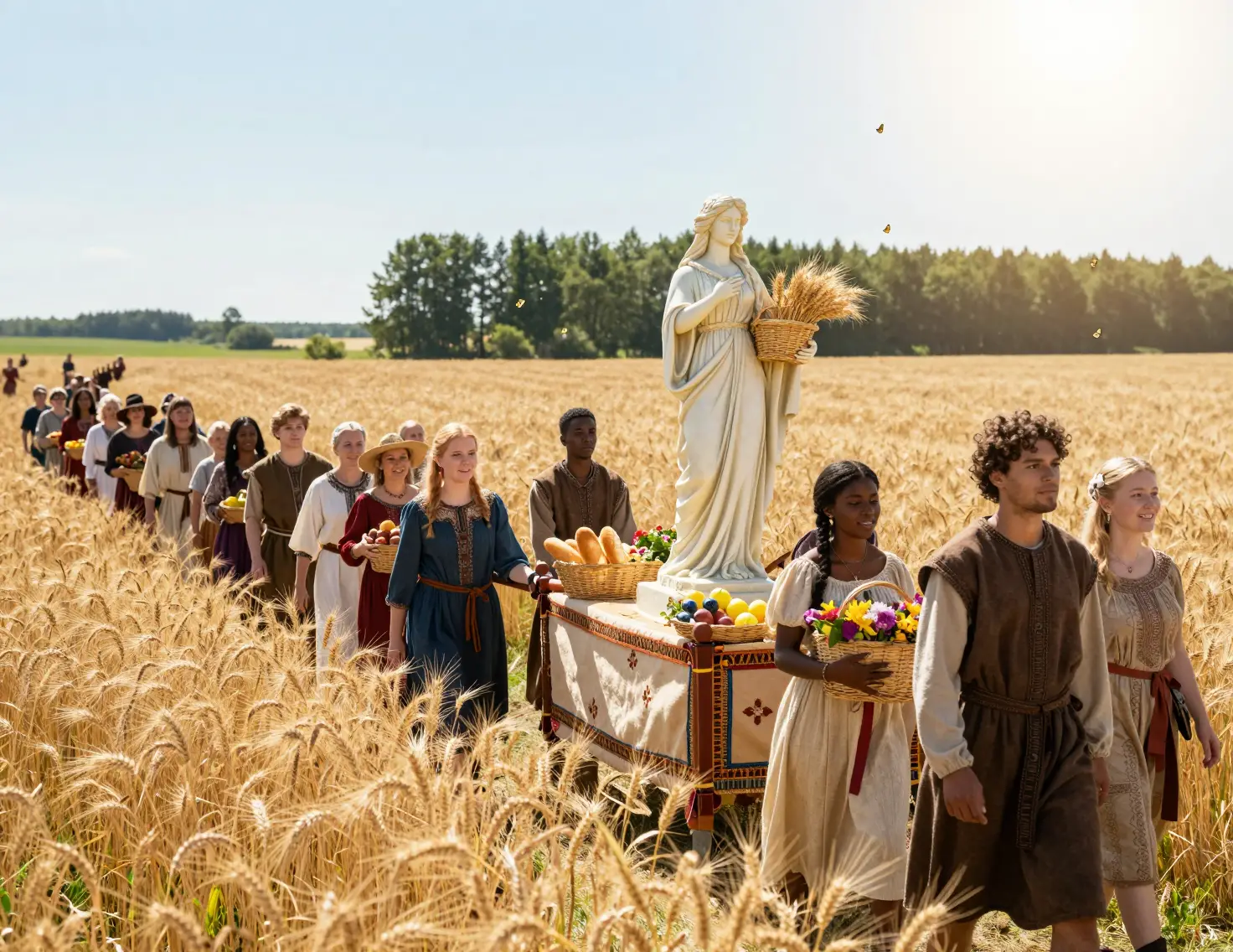 Processione festiva tra campi di grano illuminati dal sole con statua della dea