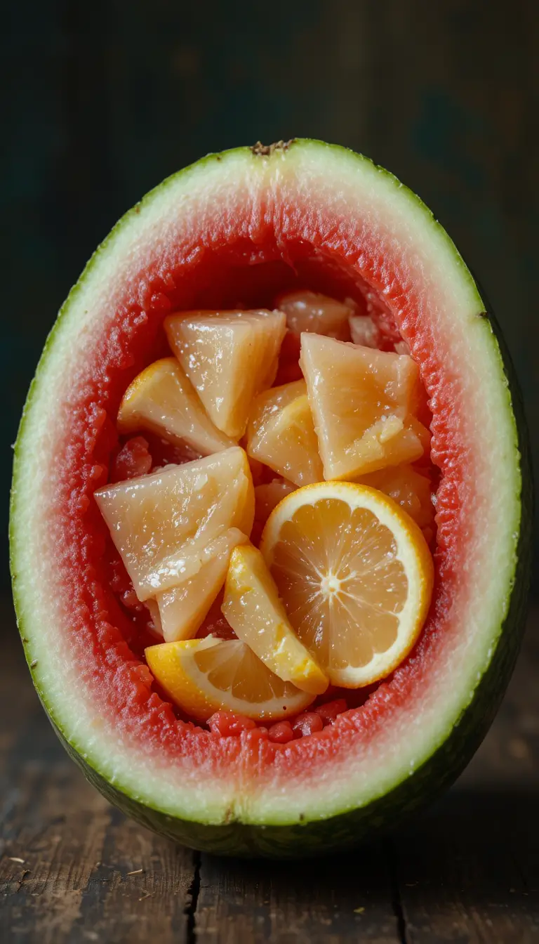 Surreal watermelon half filled with fresh lemon wedges