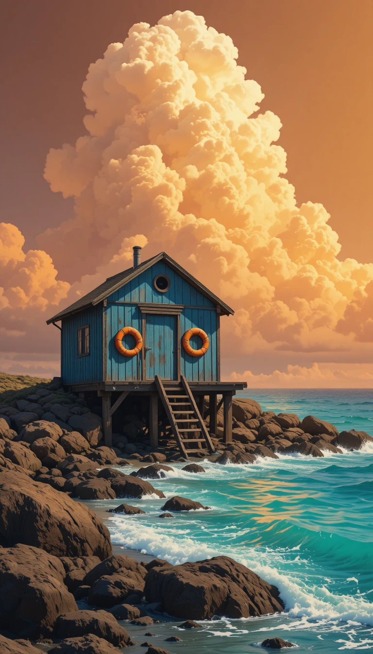 Rustic stilt cabin over rocky shore at sunset