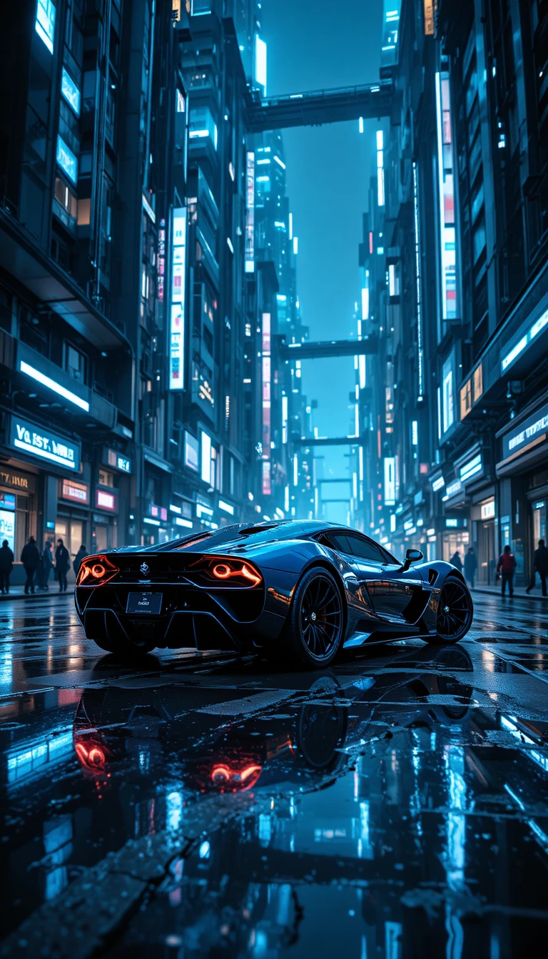 Hipercoche futurista en un cañón urbano cyberpunk iluminado por neón