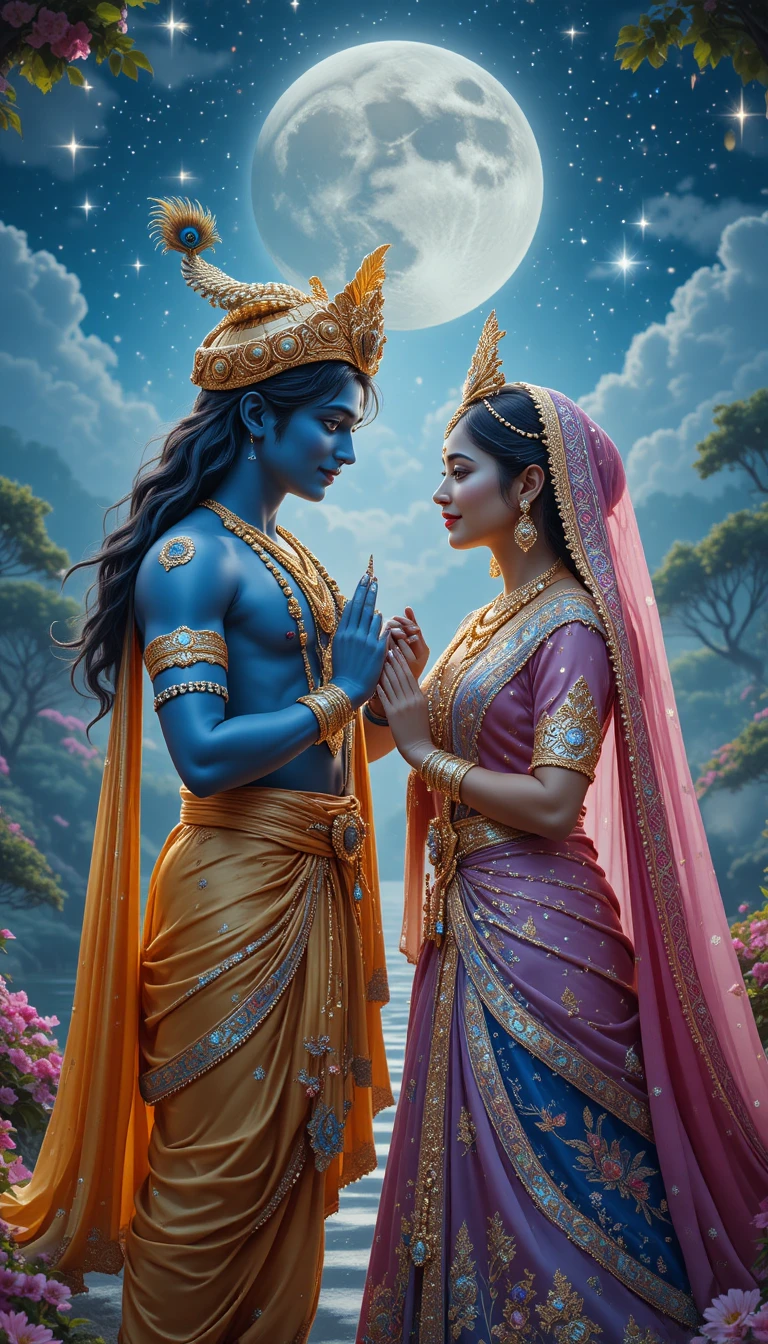 Amantes divinos contemplándose en un jardín de Vrindavan a la luz de la luna