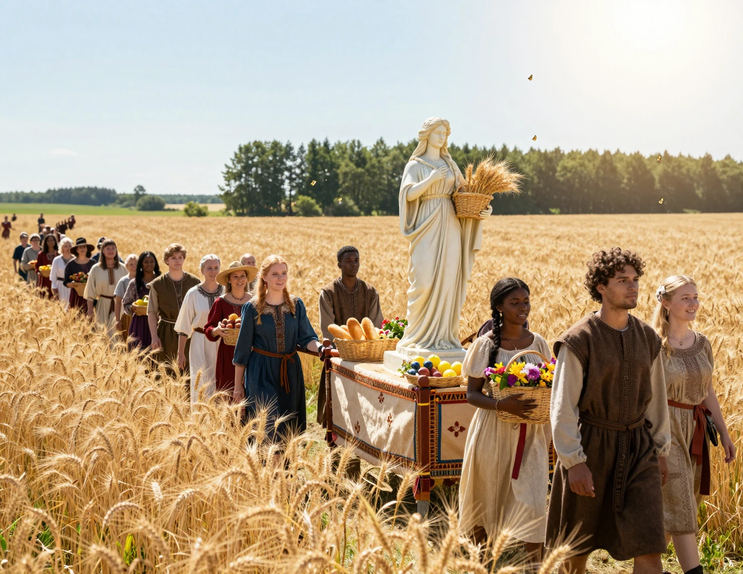 Procesión festiva por campos de trigo bañados por el sol con estatua de diosa