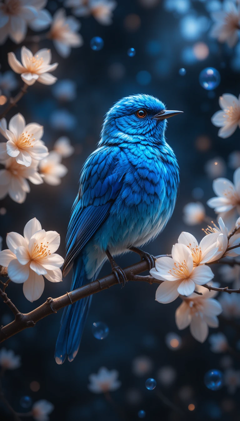 Pájaro cantor azul en una rama de cerezo luminosa por la noche