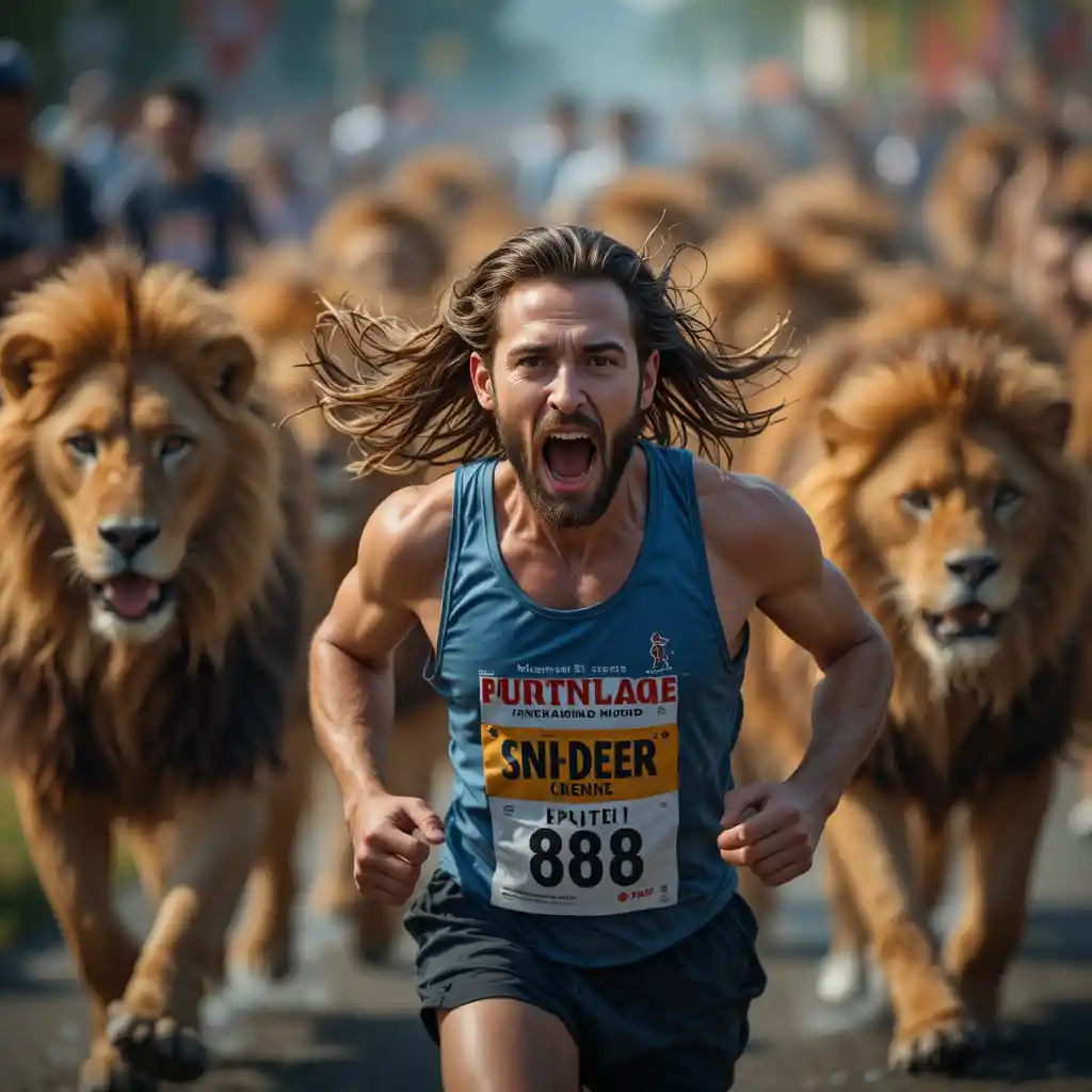Uomo spaventato corre una maratona inseguito da leoni