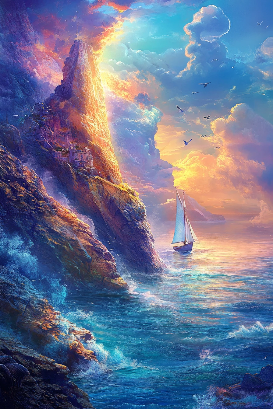 Paisaje onírico náutico de fantasía en vivos colores pasteles