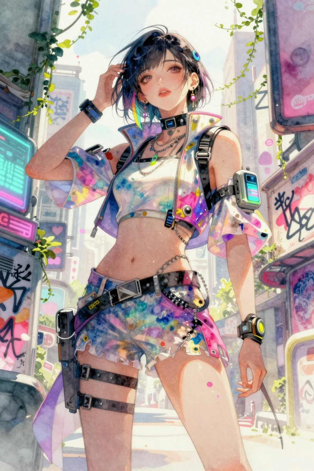 Mujer cyberpunk en una calle de ciudad acuarelada a la luz del sol