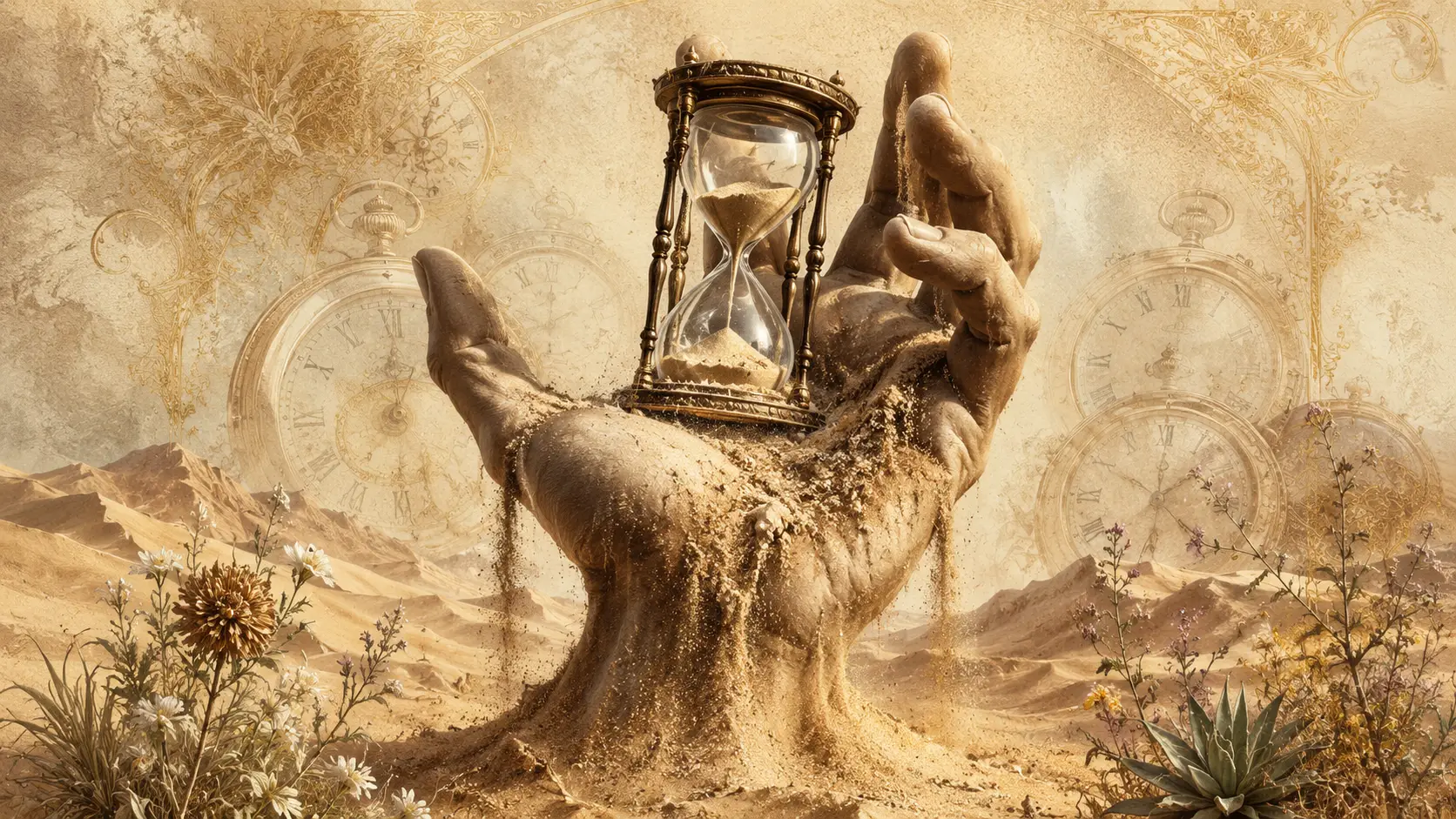 Primer plano de mano de arena que surge del desierto sosteniendo un reloj de arena