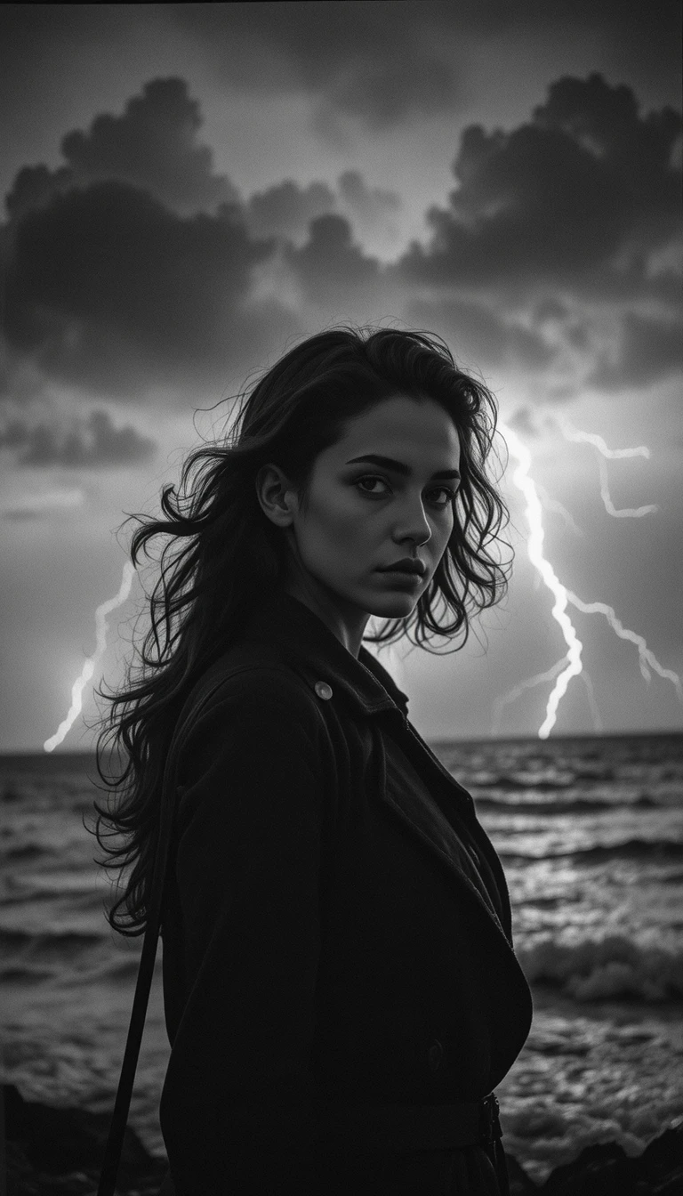Mujer frente a mar tormentoso en retrato noir en primer plano