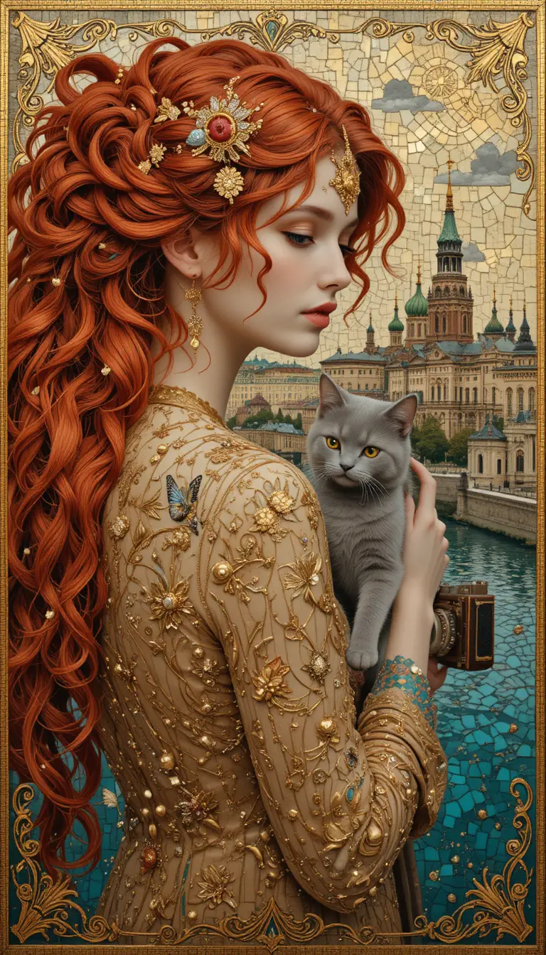 Mulher ruiva com gato segurando uma câmera de madeira