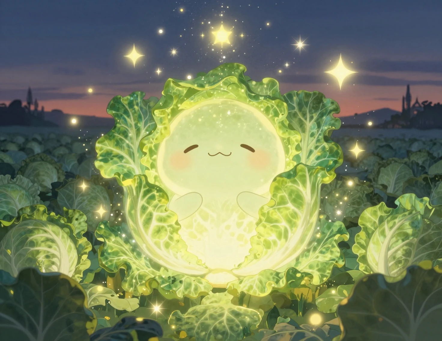 Personaje de Col Mágica Brillante en un Campo al Crepúsculo