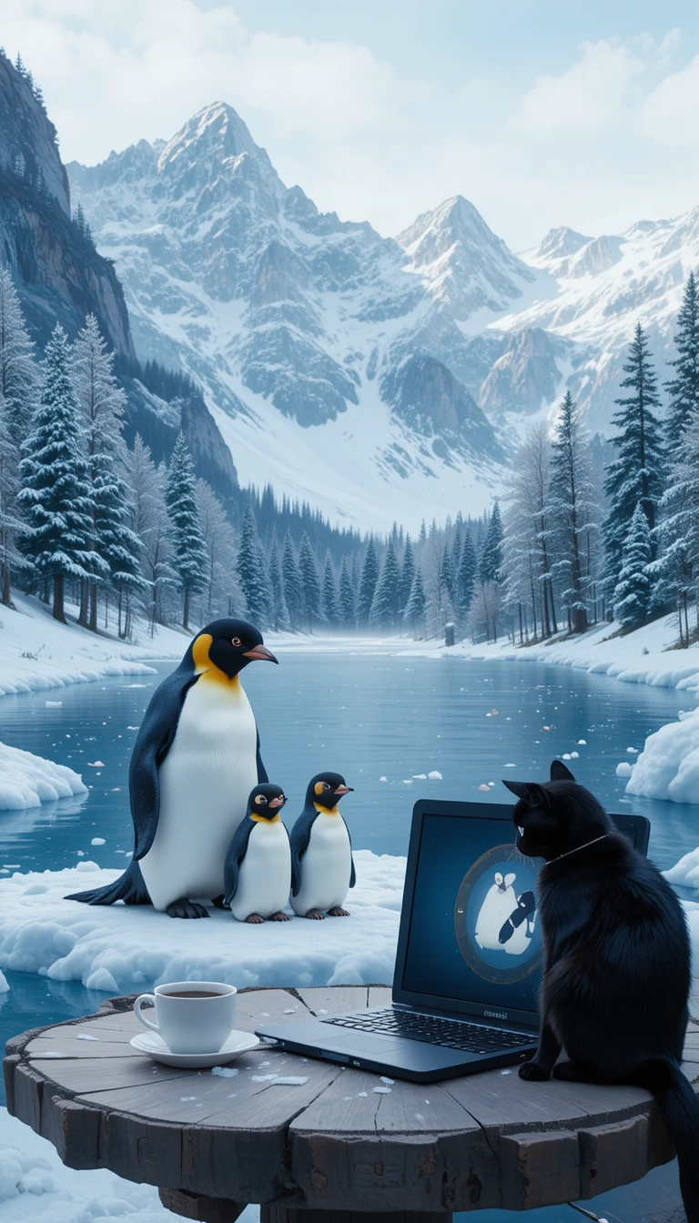Familia de pingüinos en un lago nevado en un bosque invernal