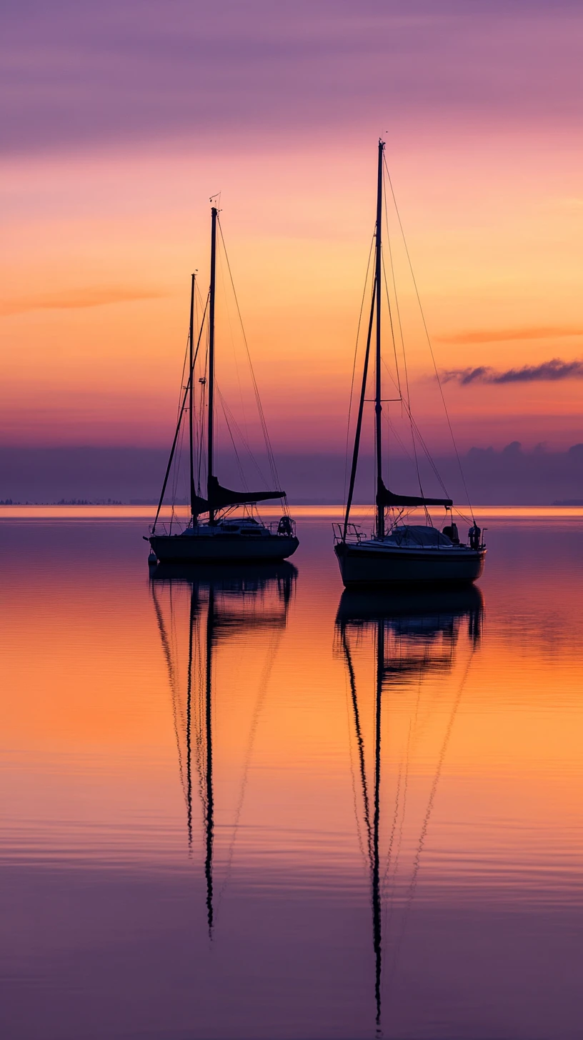 Veleros tranquilos sobre aguas serenas al atardecer colorido