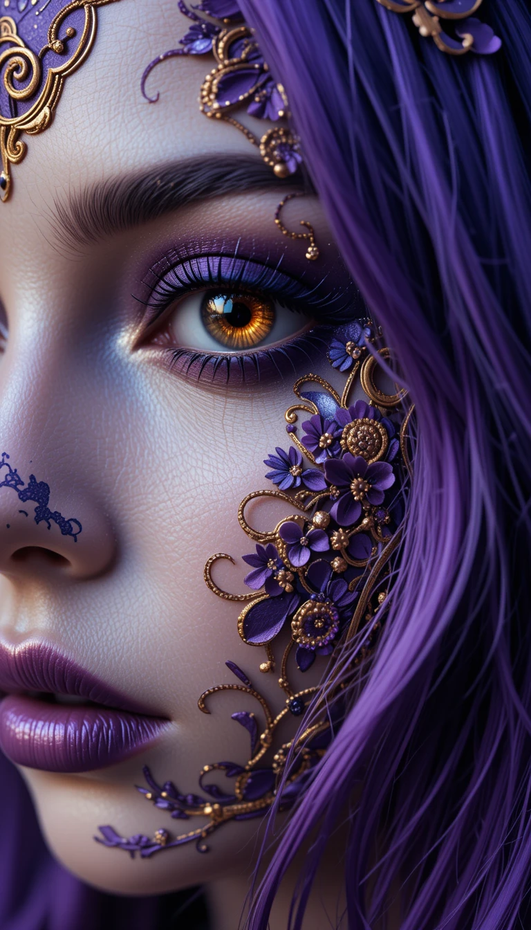 Retrato macro extremo de una mujer gótica con maquillaje floral