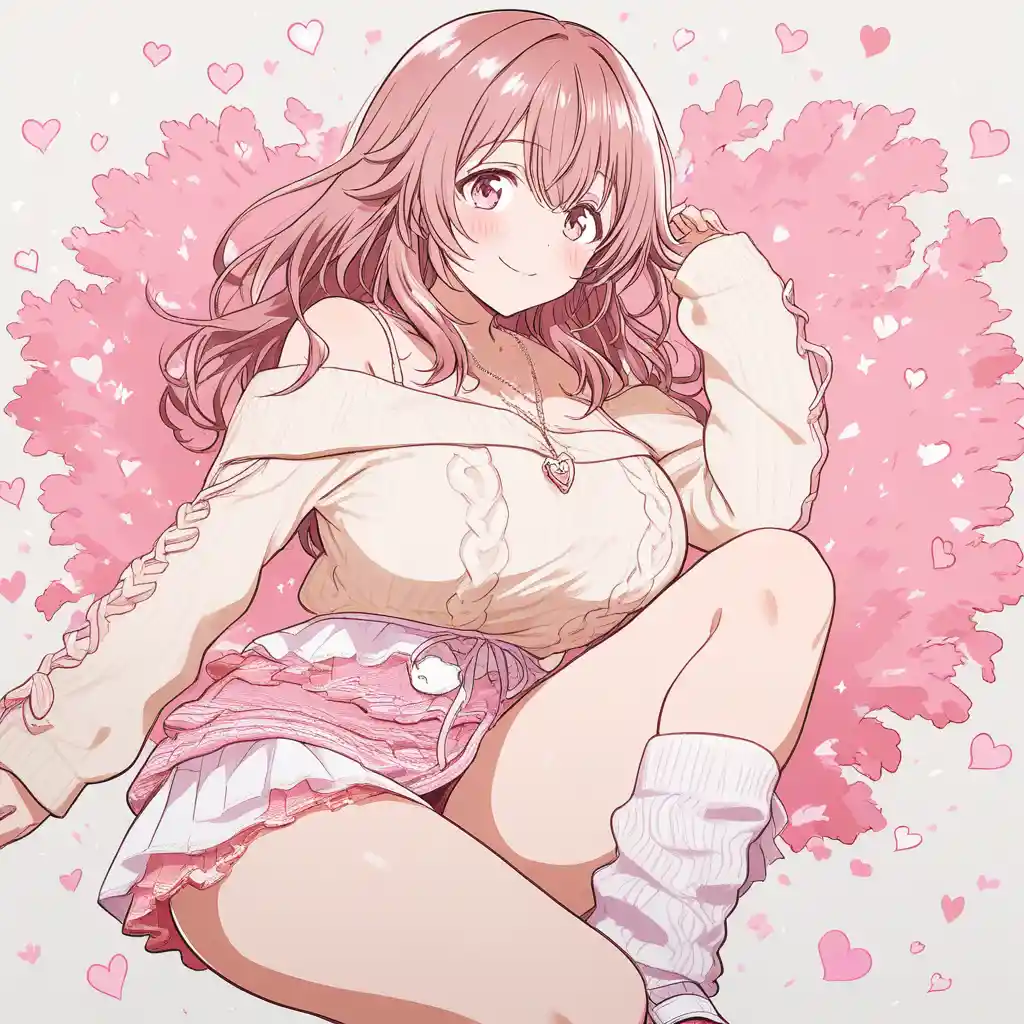 ゆったりオフショルダーセーターとフリルスカートのアニメ少女