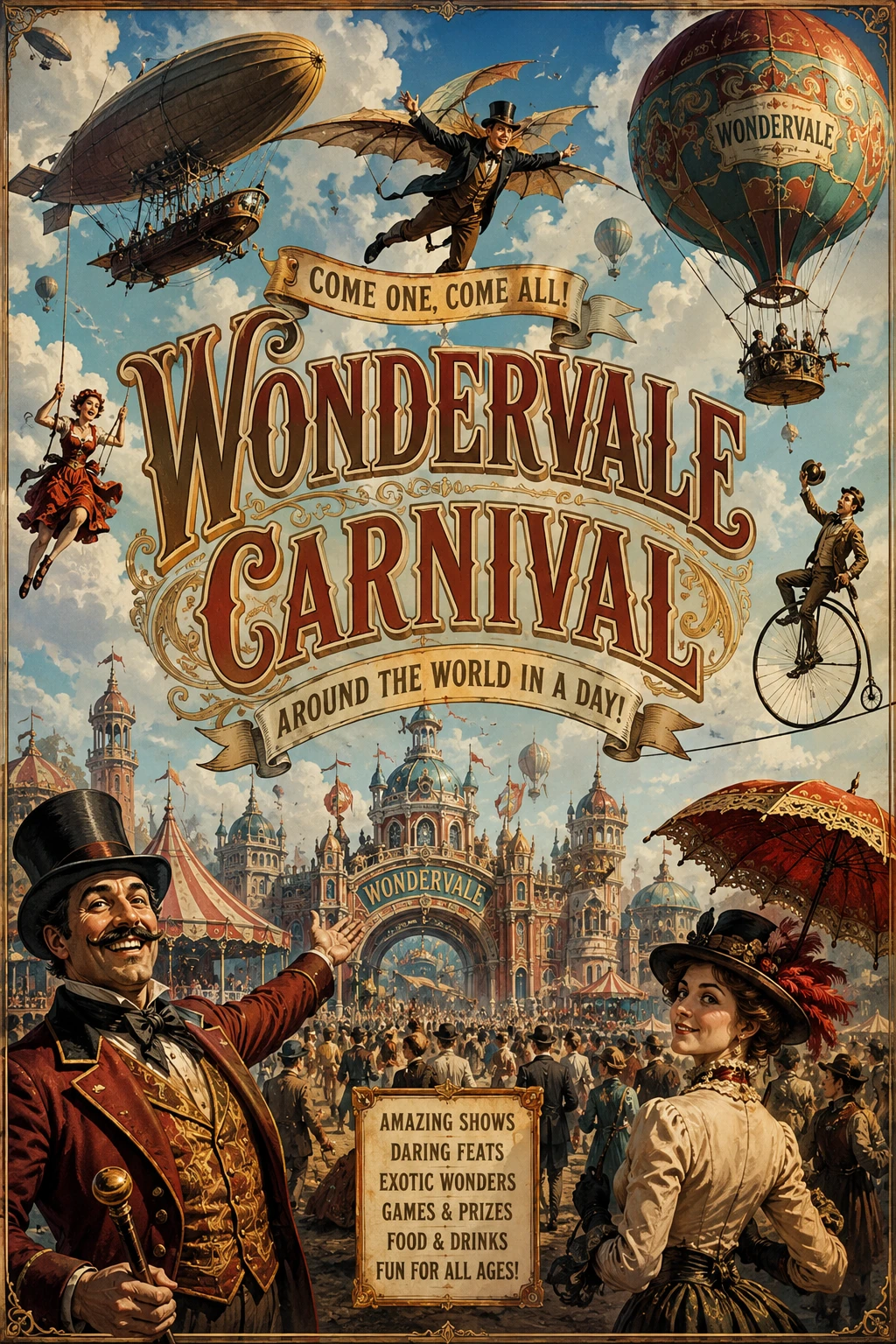 Alegre póster de carnaval de fantasía con composición centrada y dinámica