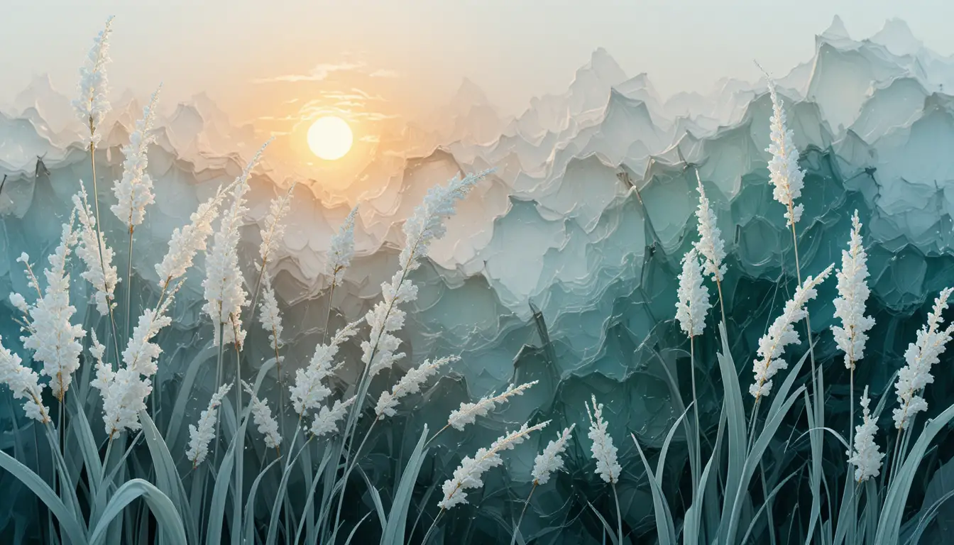 Roseaux blancs minimalistes dans un paysage abstrait azur