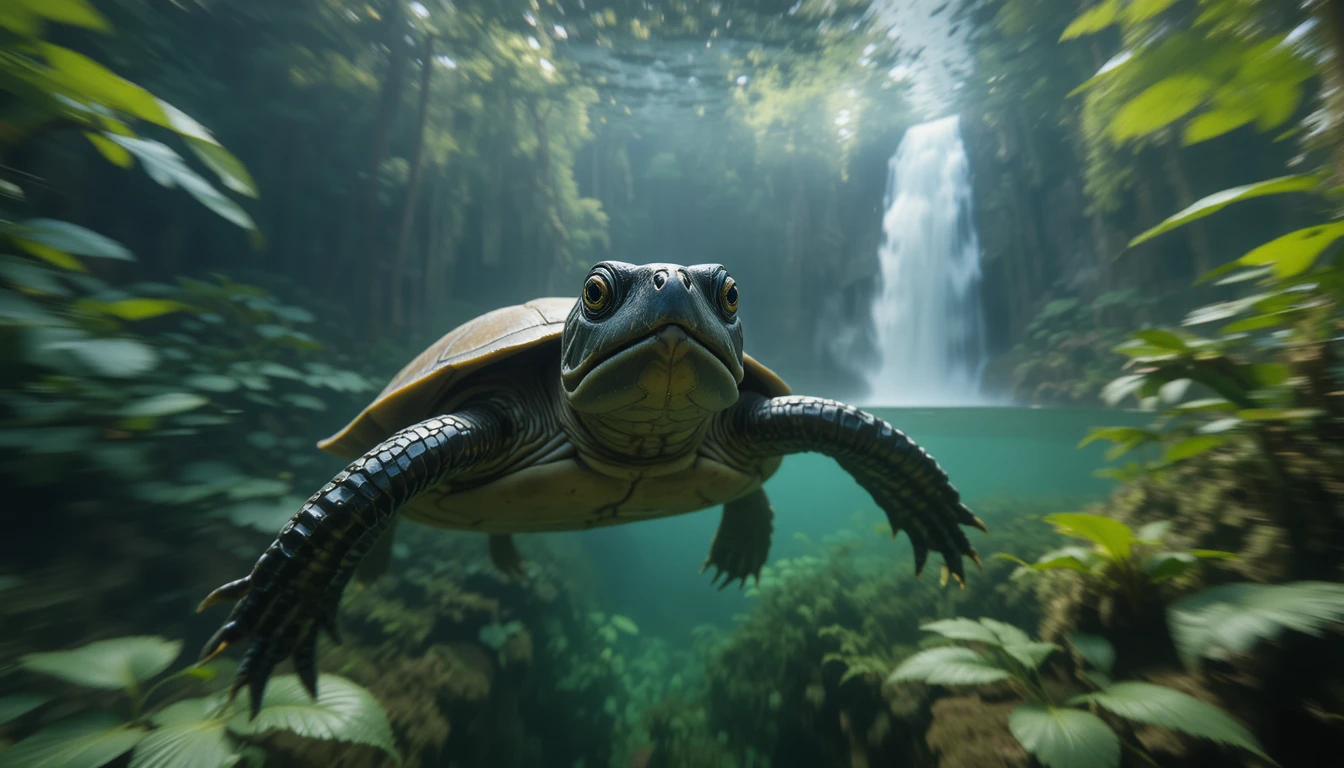Amazon river turtle swimming underwater in soft morning light