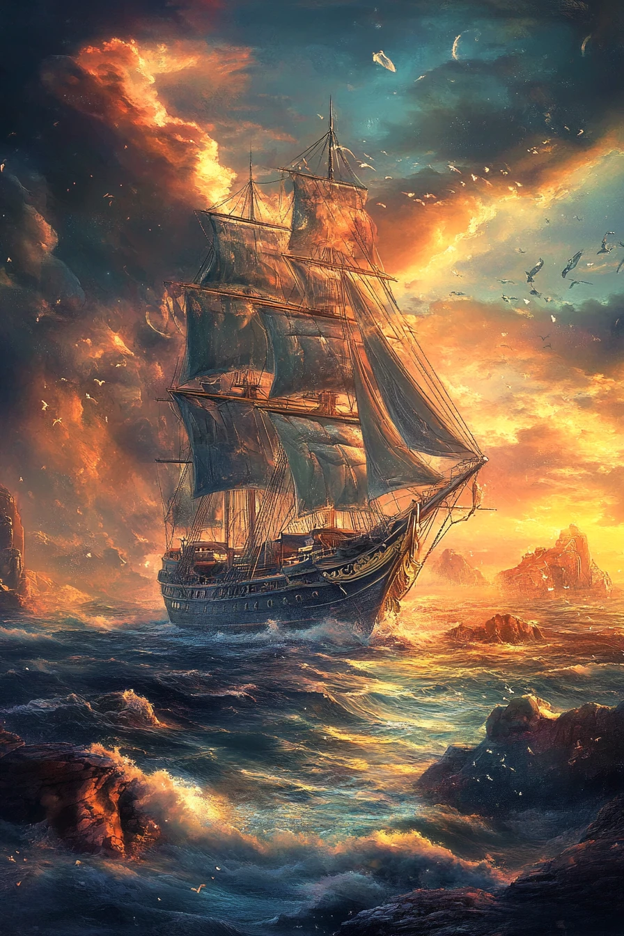 Paisaje onírico náutico de fantasía en vivos tonos pastel