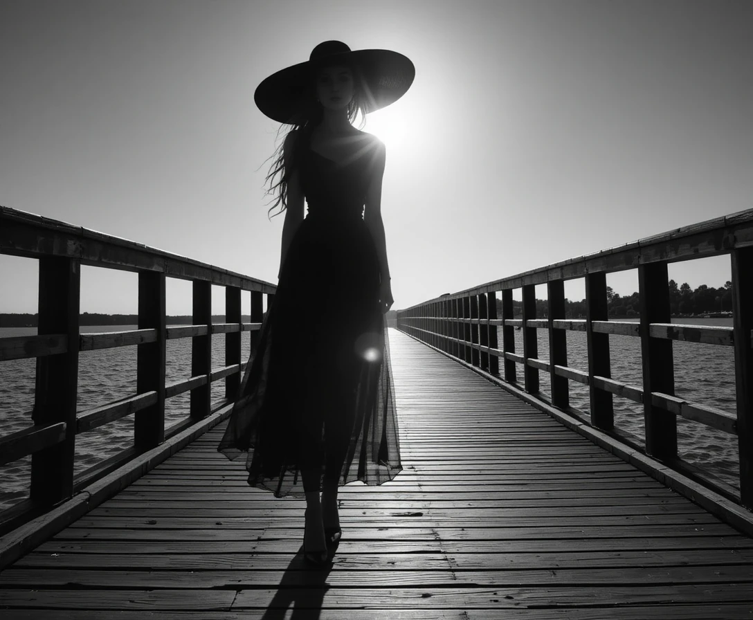 Mujer en silueta en un muelle soleado con sombra alargada