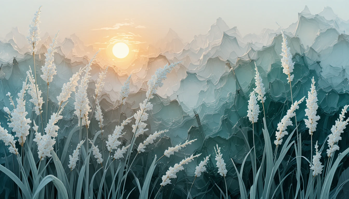 Canne bianche minimal in un paesaggio astratto azzurro