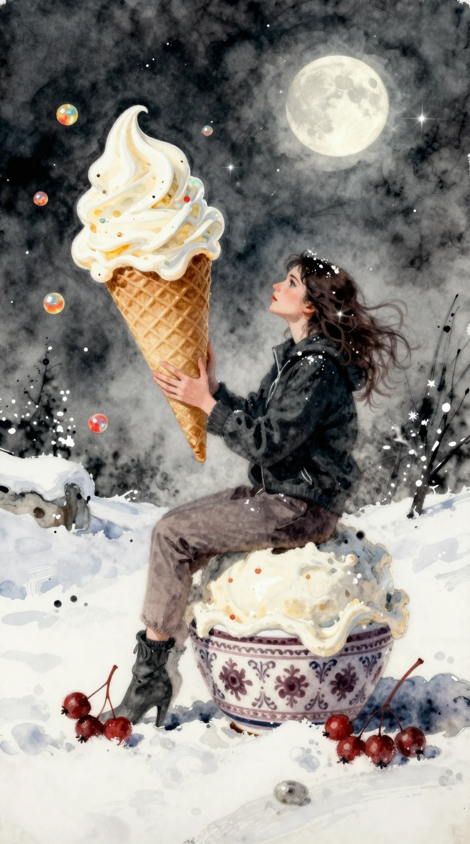 Mujer sobre un helado gigante de vainilla bajo un cielo invernal iluminado por la luna