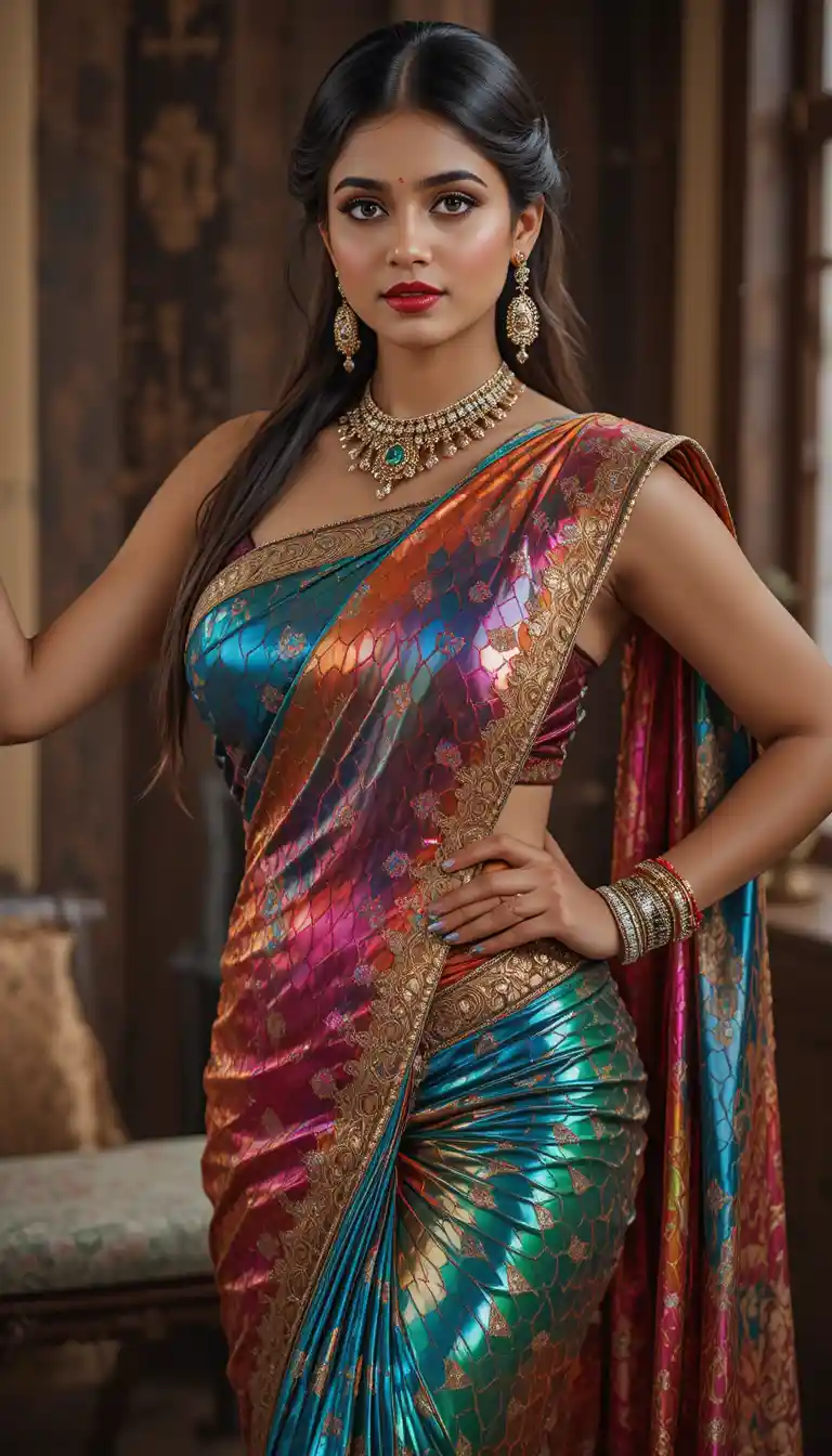 Mujer india con sari brillante estampado inclinándose hacia adelante