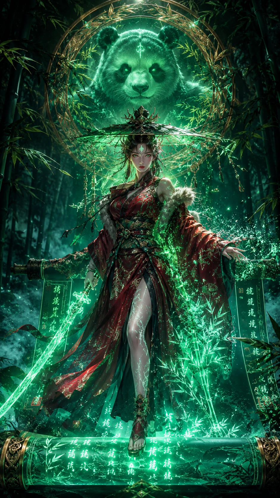Mística espadachina guardiana de bambú emergiendo de un pergamino de jade