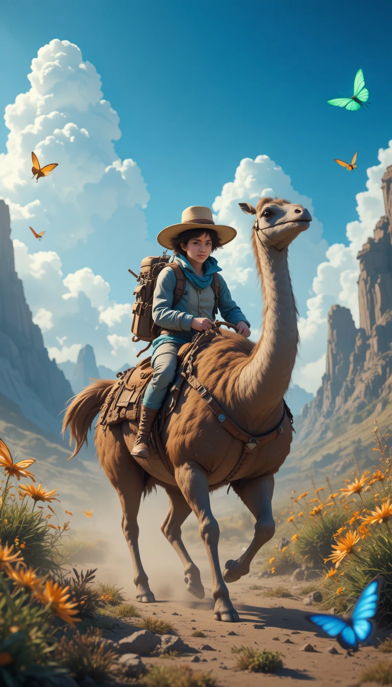 Jinete de emú anime corriendo por un brillante paisaje de fantasía