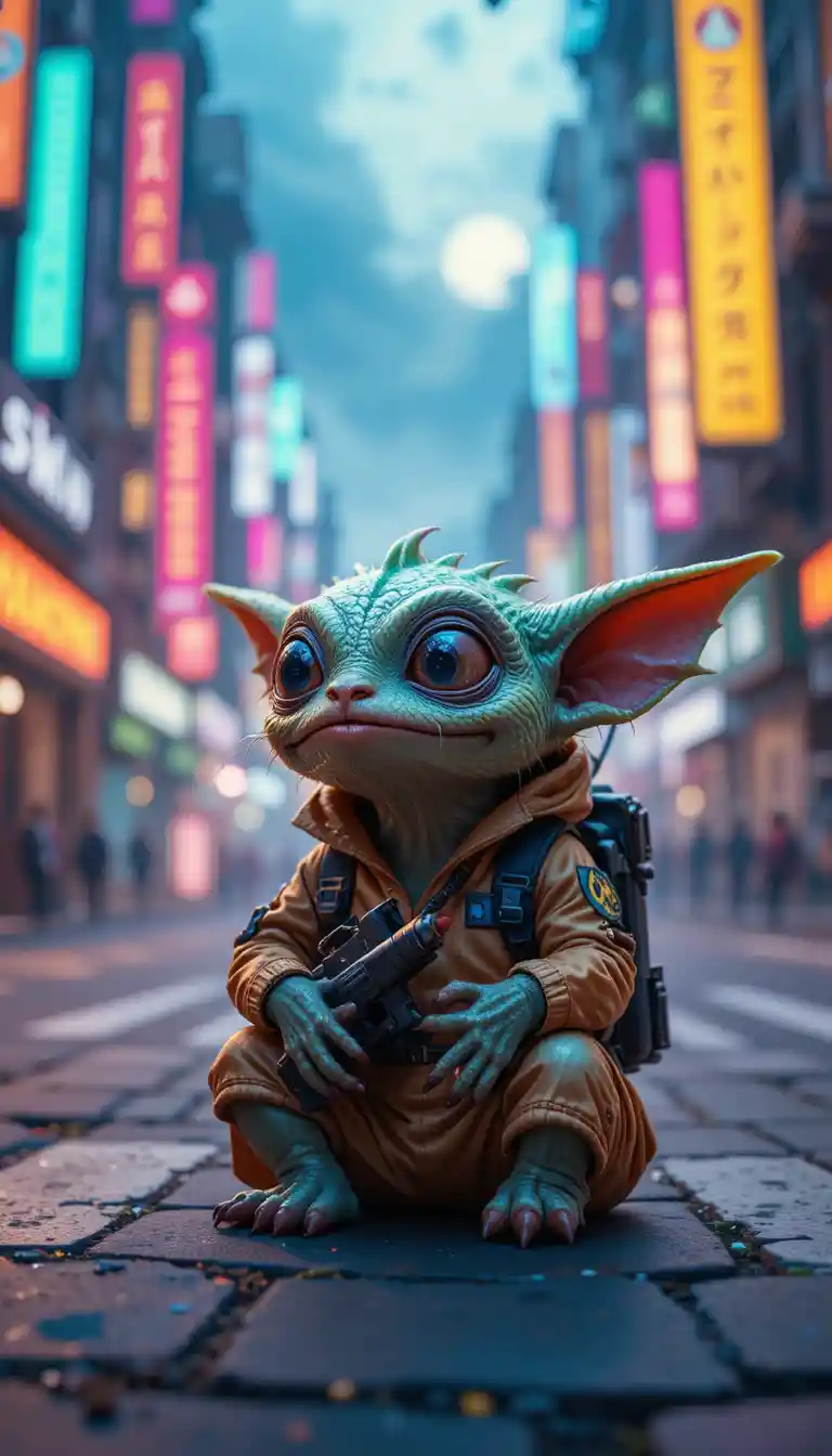 Cute tiny monster in a magical city street intersection