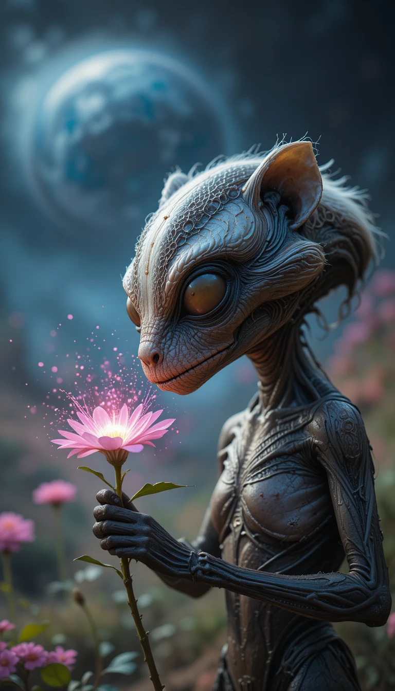 Tejón alienígena huele una flor mágica y brillante en un mundo distante