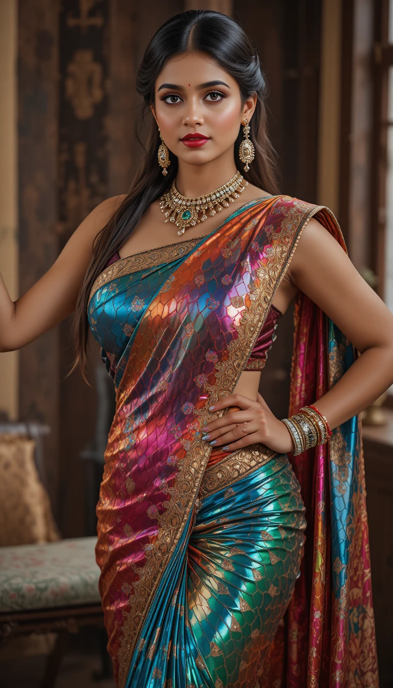 Mujer india con sari brillante estampado inclinándose hacia adelante