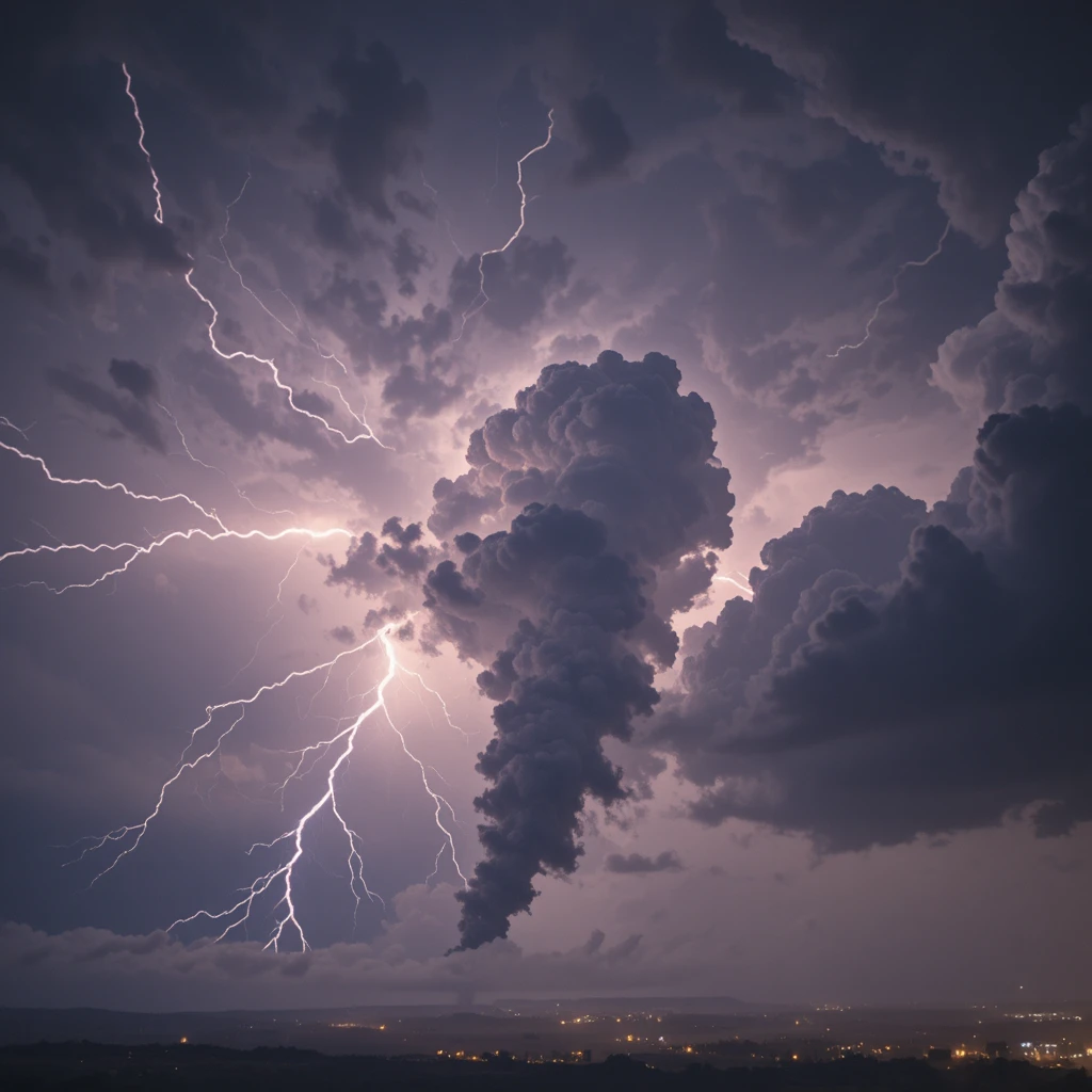 Oscuras nubes de tormenta con relámpagos y extrañas luces lejanas