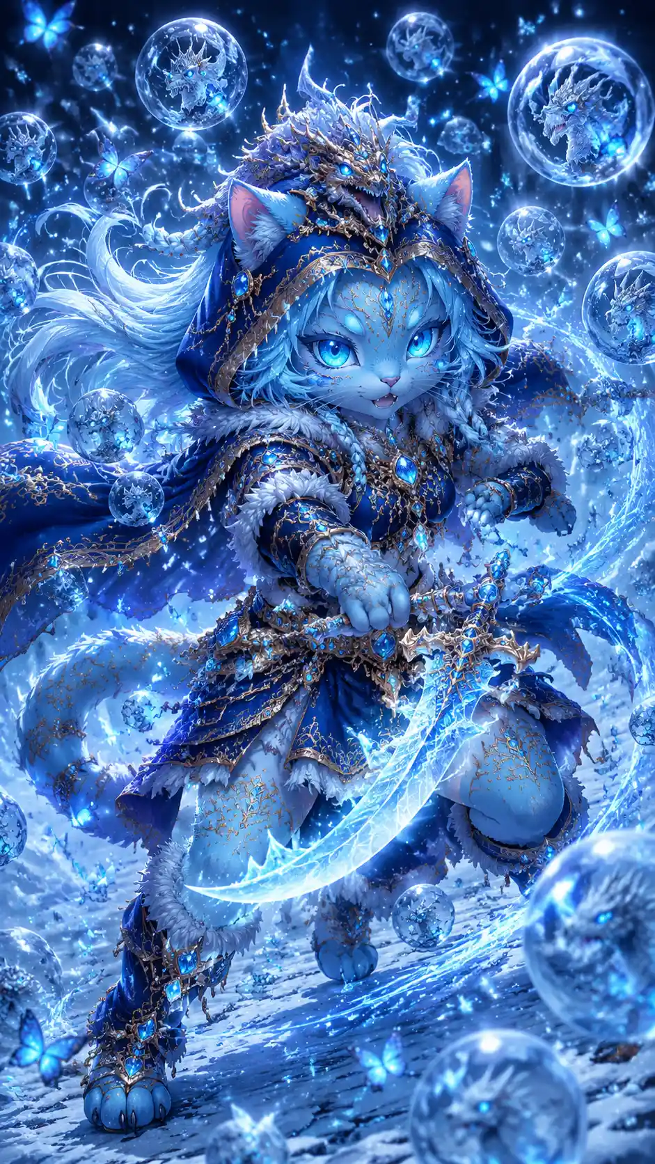 Guerrero felino de hielo antropomórfico en pose de combate dinámica