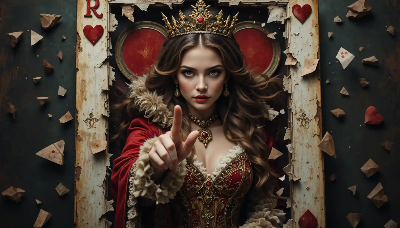 Rainha de copas régia alcançando através de carta de baralho quebrada