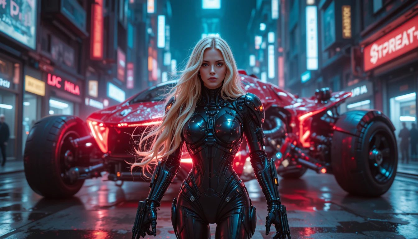 Cyborg-Kriegerin in neonbeleuchteter futuristischer Straße