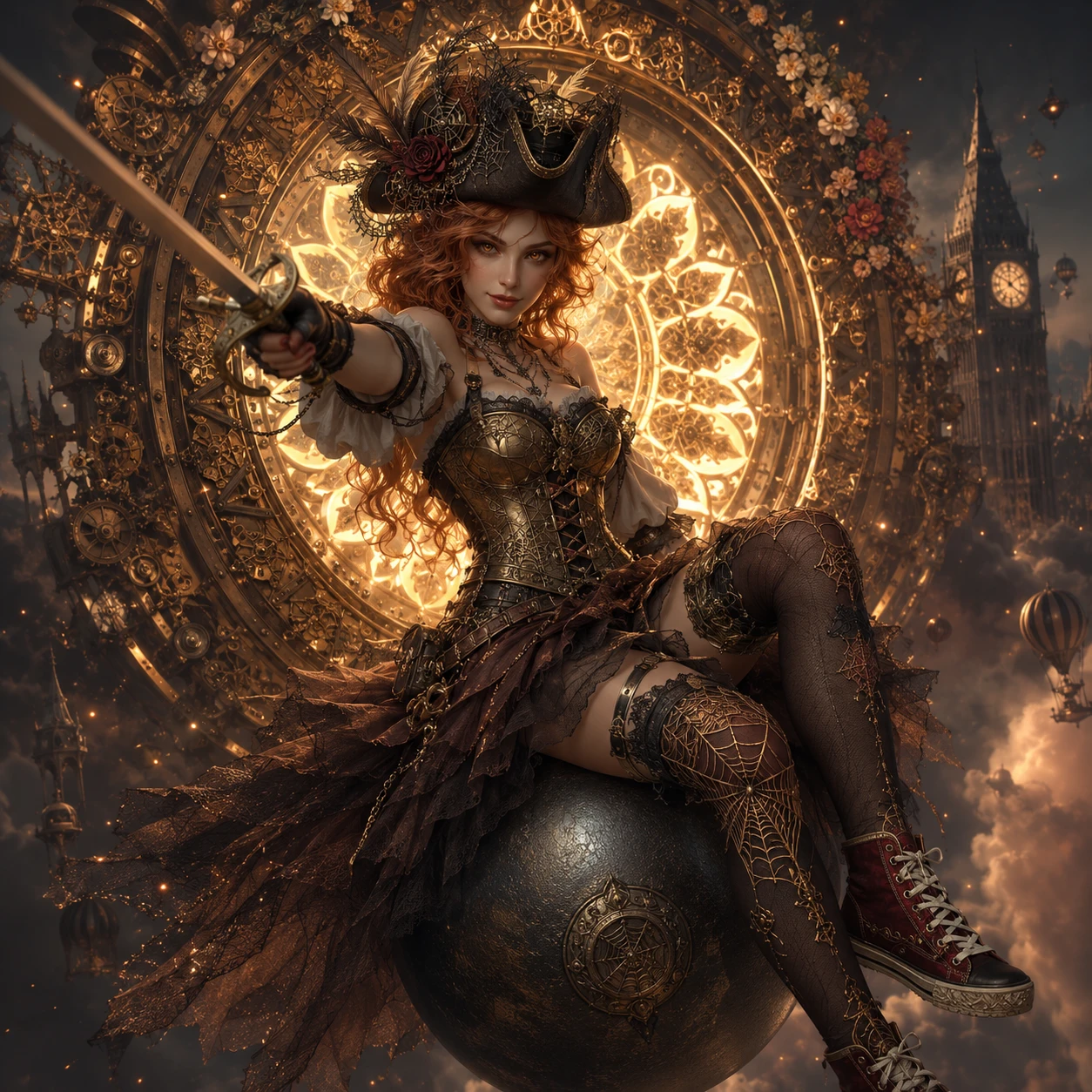 Mujer pirata steampunk montando una bala de cañón a través de un portal