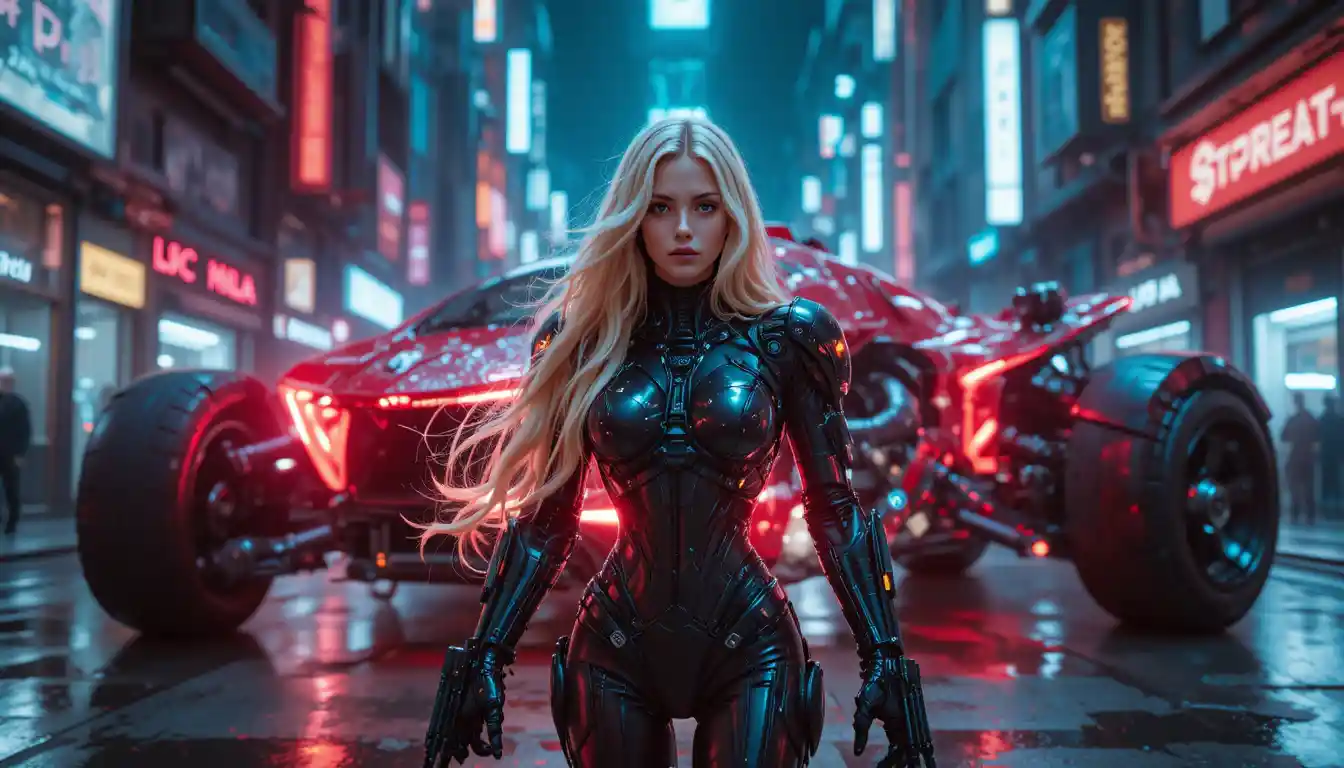 Cyborg warrior woman in neon lit futuristic street