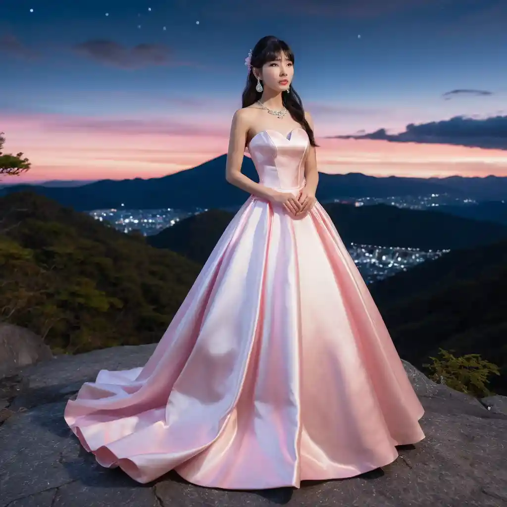 Mujer elegante con vestido de satén rosa en una montaña nocturna